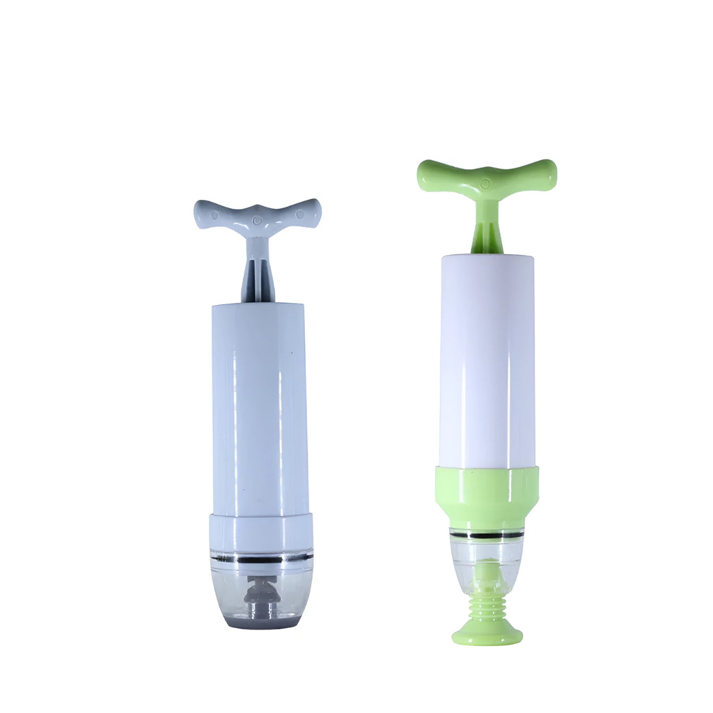 Green and grey manual vacuum compression storage bag with built-in valve and hand pump.