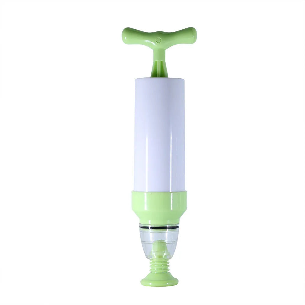 Green and grey manual vacuum compression storage bag with built-in valve and hand pump.