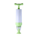 Green and grey manual vacuum compression storage bag with built-in valve and hand pump.