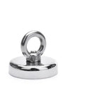 Round silver nickel-plated salvage magnet with a lifting ring, 25mm in diameter.