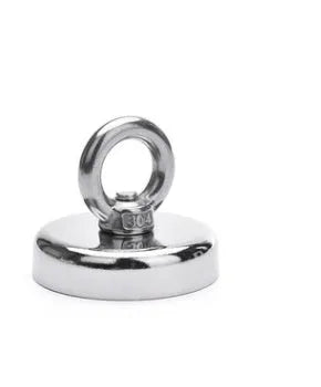 Round silver nickel-plated salvage magnet with a lifting ring, 25mm in diameter.