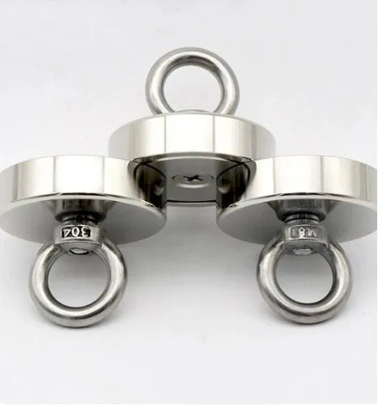 Round silver nickel-plated salvage magnet with a lifting ring, 25mm in diameter.