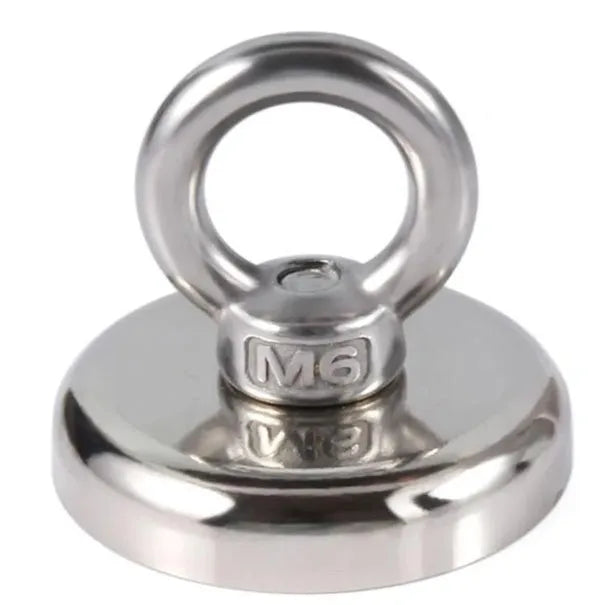 Round silver nickel-plated salvage magnet with a lifting ring, 25mm in diameter.