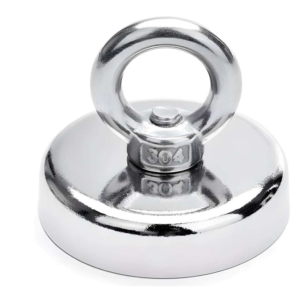 Round silver nickel-plated salvage magnet with a lifting ring, 25mm in diameter.