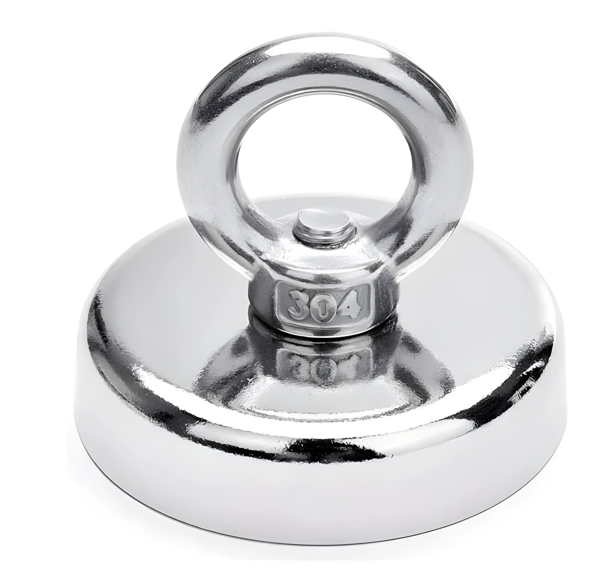 Round silver nickel-plated salvage magnet with a lifting ring, 25mm in diameter.