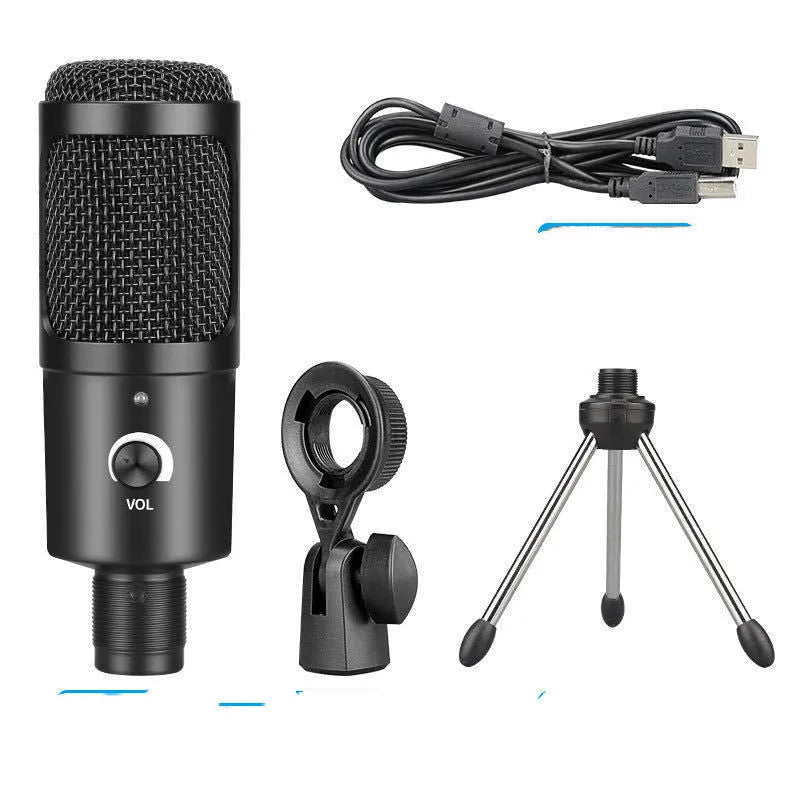 Black wireless condenser microphone with desktop stand for computer recording showing heart-shaped polar pattern