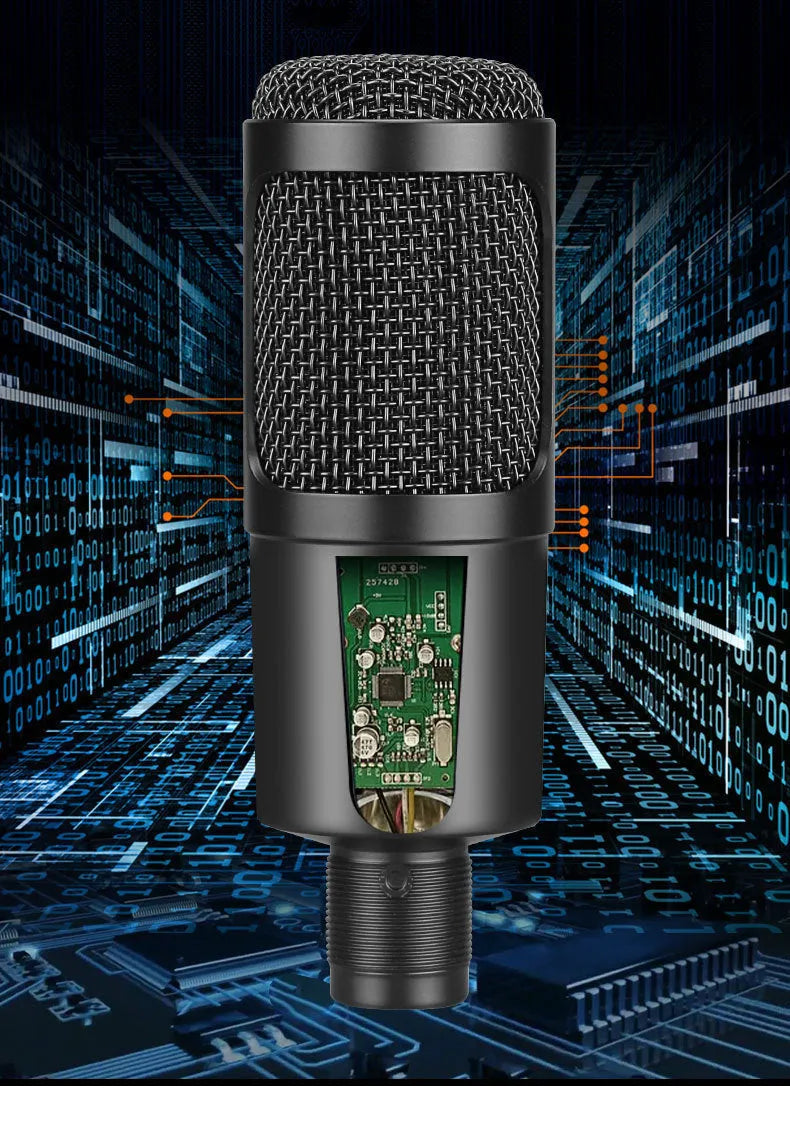 Black wireless condenser microphone with desktop stand for computer recording showing heart-shaped polar pattern