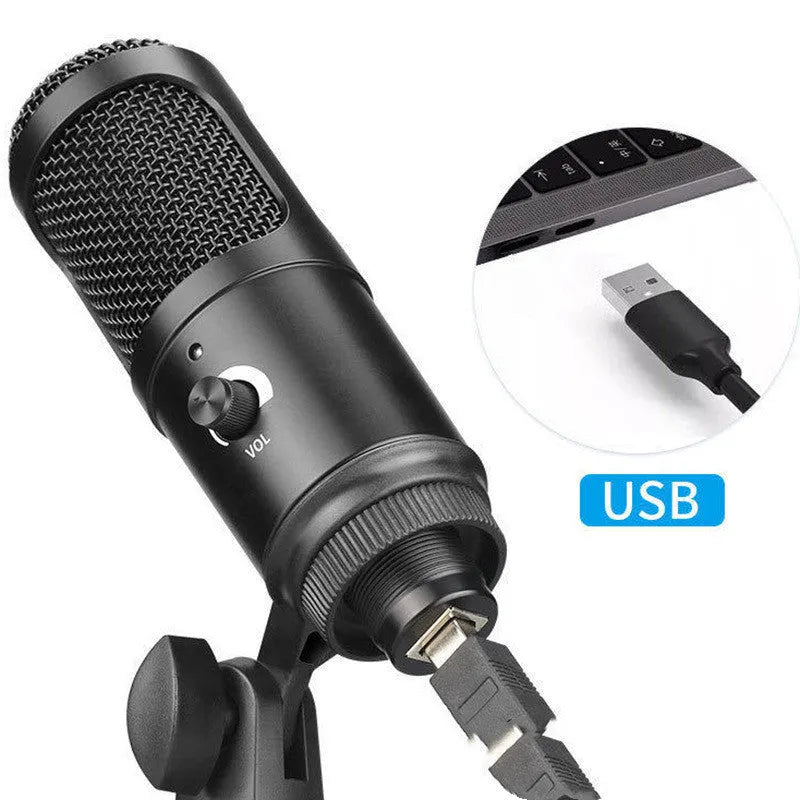 Black wireless condenser microphone with desktop stand for computer recording showing heart-shaped polar pattern