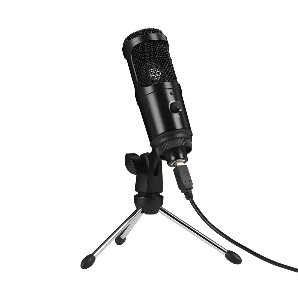 Black wireless condenser microphone with desktop stand for computer recording showing heart-shaped polar pattern