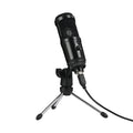 Black wireless condenser microphone with desktop stand for computer recording showing heart-shaped polar pattern