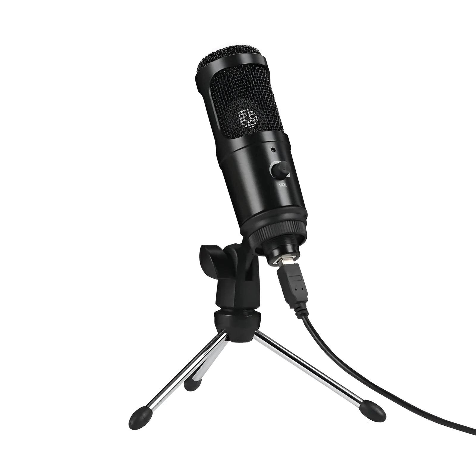 Black wireless condenser microphone with desktop stand for computer recording showing heart-shaped polar pattern