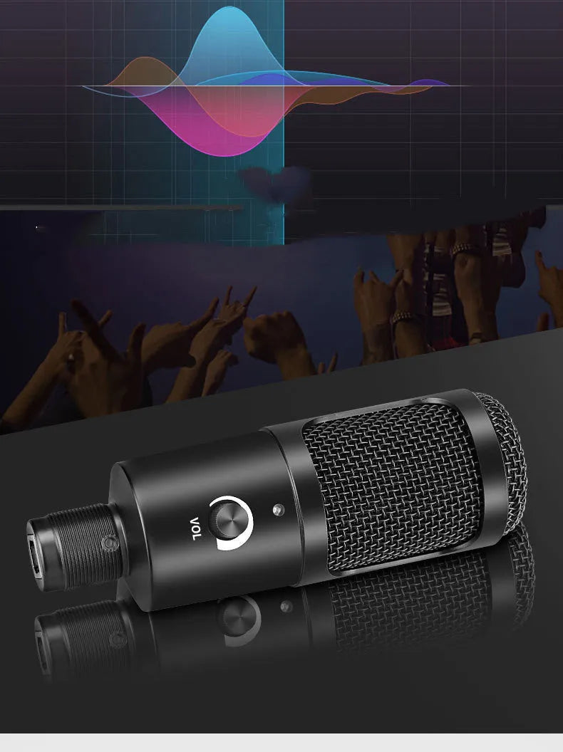 Black wireless condenser microphone with desktop stand for computer recording showing heart-shaped polar pattern