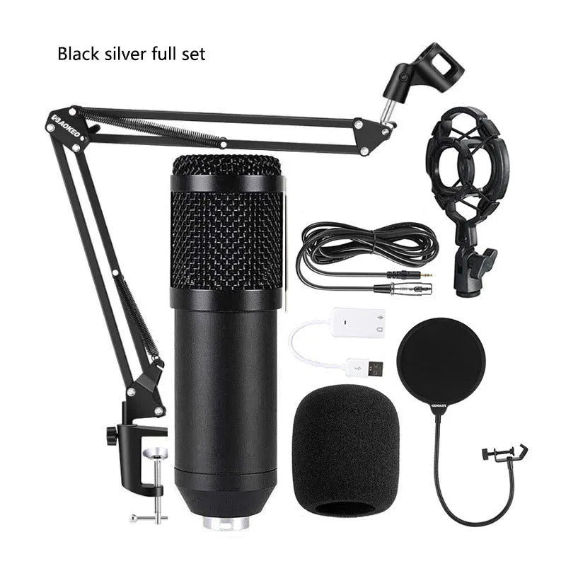 Bm800 condenser microphone kit with shock mount bracket, large pop filter, and foam windscreen on a desk.
