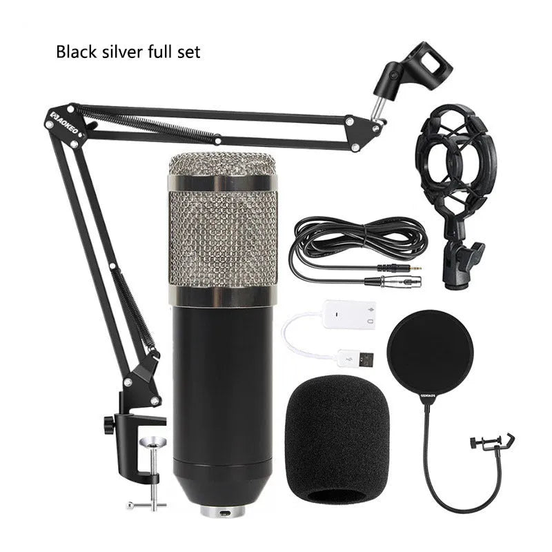 Bm800 condenser microphone kit with shock mount bracket, large pop filter, and foam windscreen on a desk.