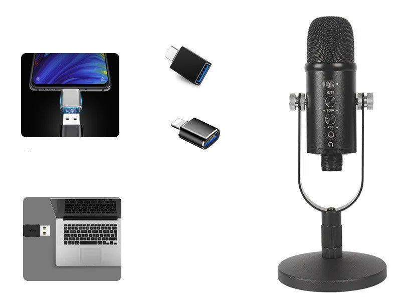 Black JIY BM-86PRO USB condenser microphone on a metal stand with sponge cover.