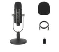 Black JIY BM-86PRO USB condenser microphone on a metal stand with sponge cover.