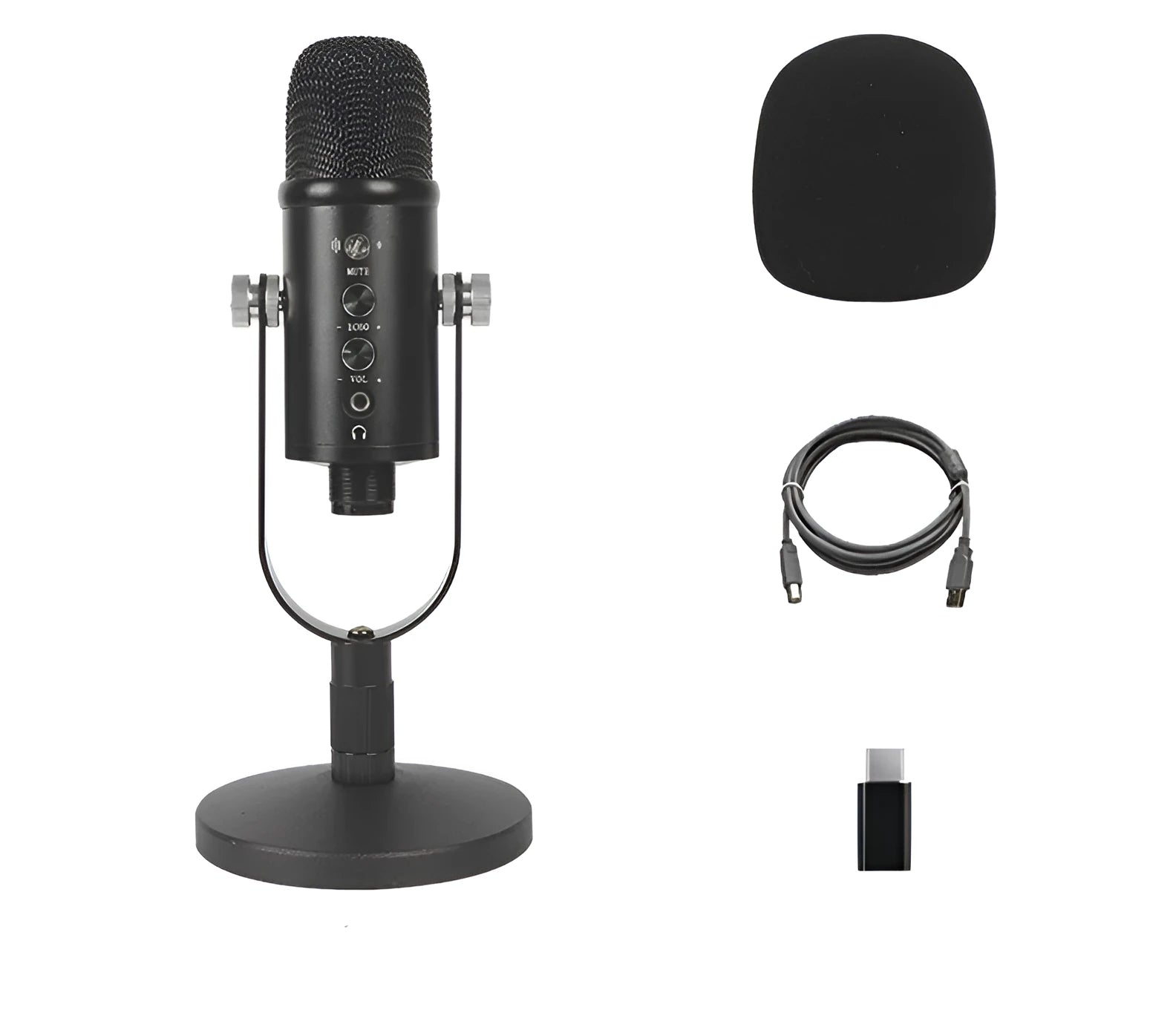 Black JIY BM-86PRO USB condenser microphone on a metal stand with sponge cover.