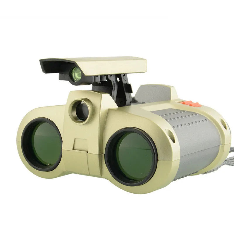 Green plastic children's toy binoculars with light, adjustable focus, and pop-up design