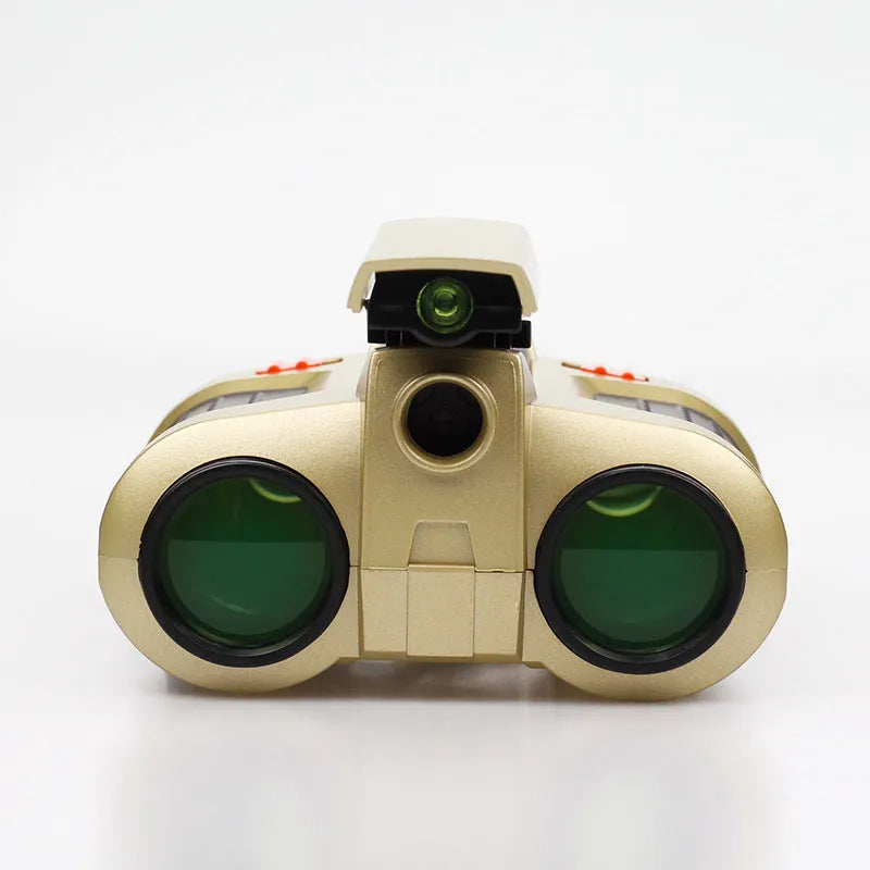 Green plastic children's toy binoculars with light, adjustable focus, and pop-up design