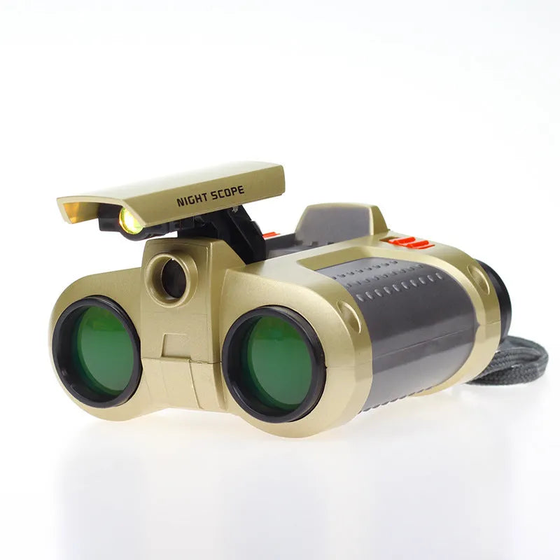Green plastic children's toy binoculars with light, adjustable focus, and pop-up design