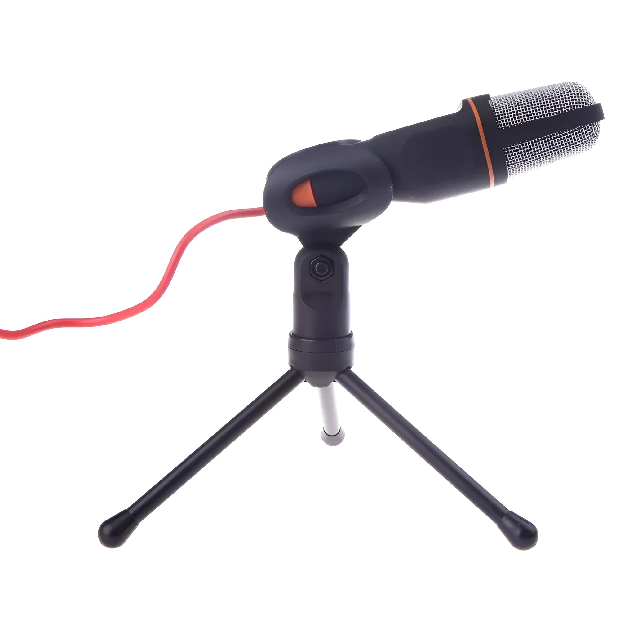 Black mini phone wired microphone with 3.5mm plug and attached adjustable holder clip on a desk.