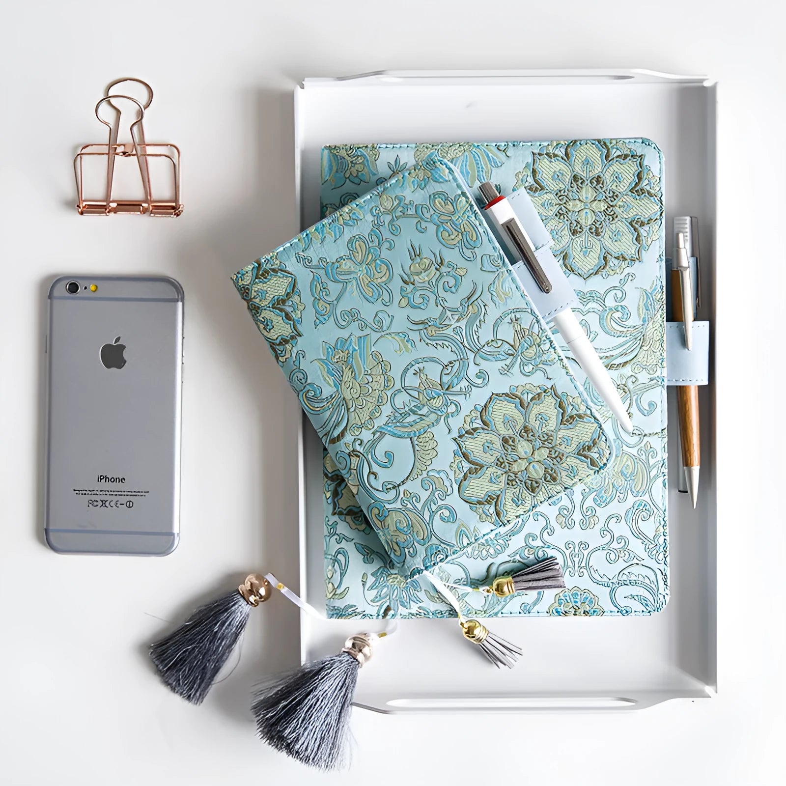 Flying Blue Flowers fabric notebook in A5 or A6 size with 100gsm paper, showing cover pattern.