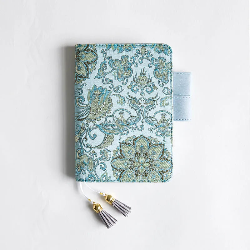 Flying Blue Flowers fabric notebook in A5 or A6 size with 100gsm paper, showing cover pattern.
