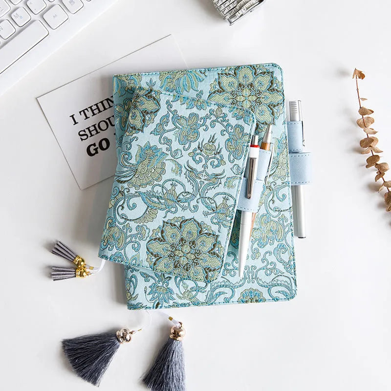 Flying Blue Flowers fabric notebook in A5 or A6 size with 100gsm paper, showing cover pattern.