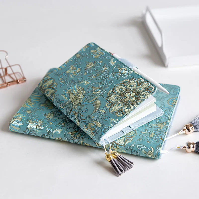 Flying Blue Flowers fabric notebook in A5 or A6 size with 100gsm paper, showing cover pattern.