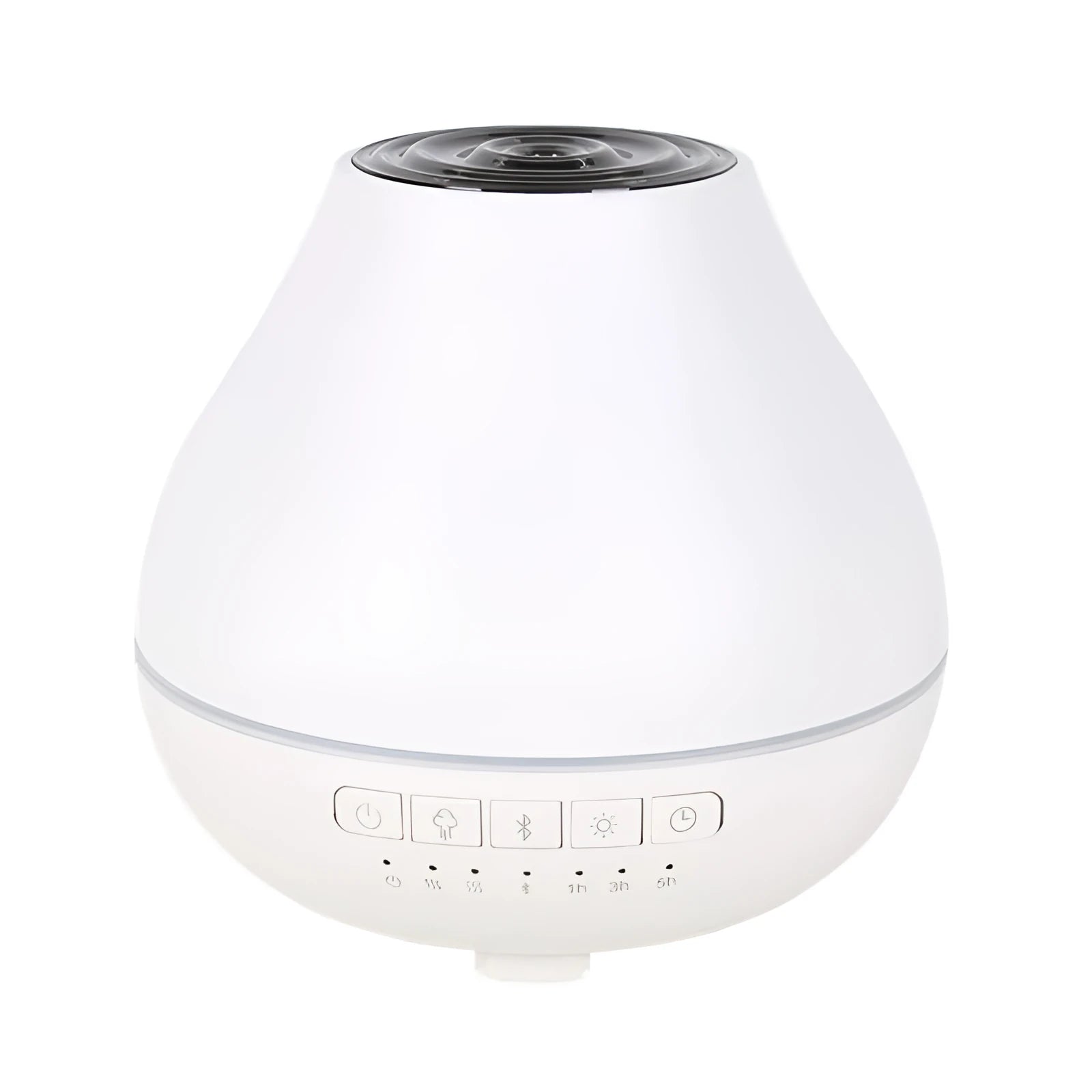 White round Bluetooth humidifier and essential oil diffuser with LED night light on a wooden surface.