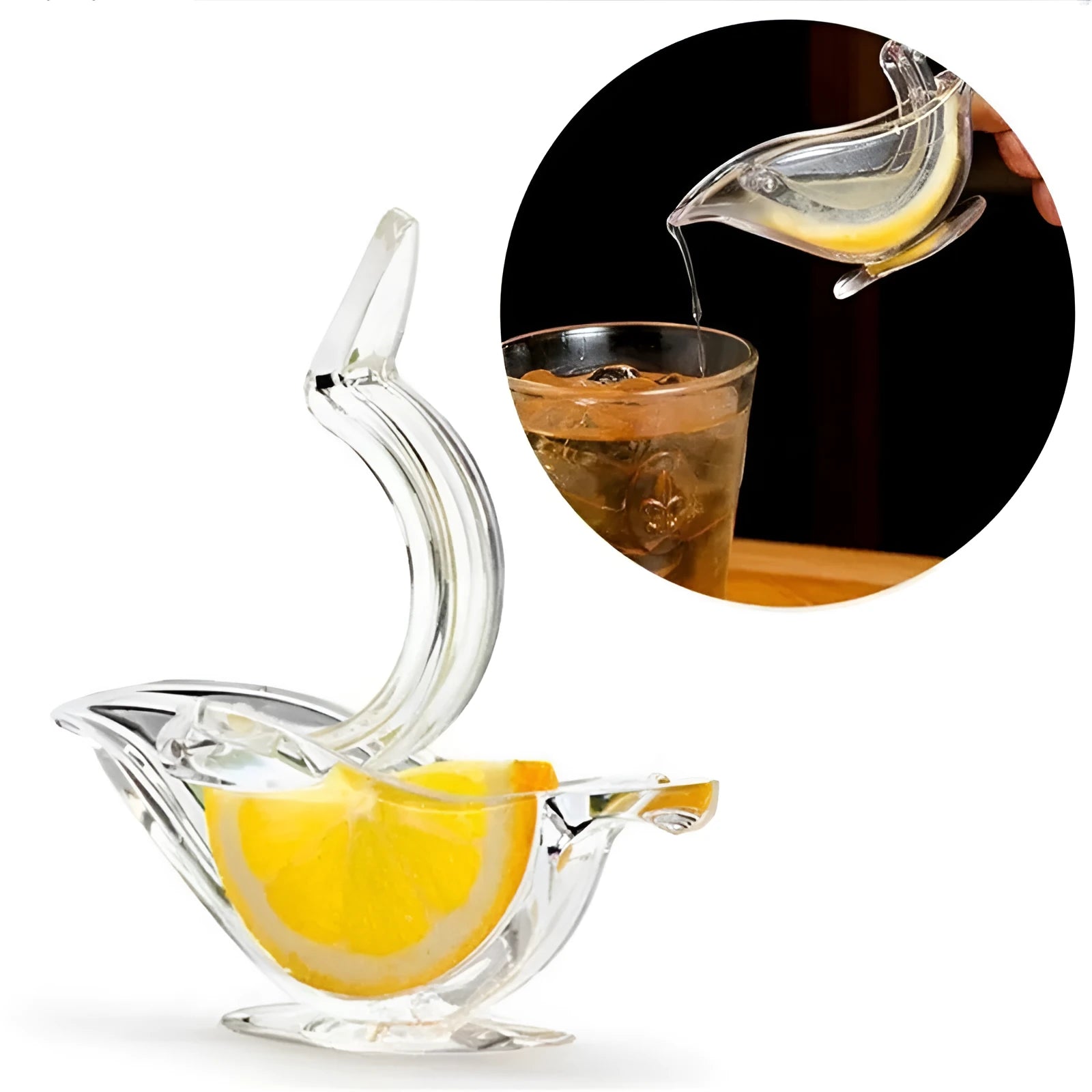 Transparent acrylic bird-shaped manual lemon juicer on a kitchen counter.