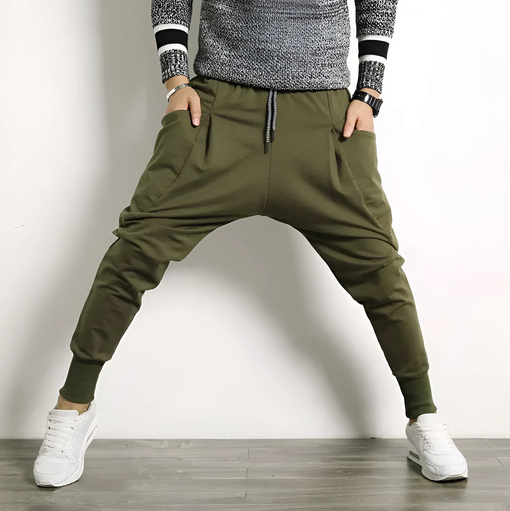 Japanese solid colour plus size harem suspender pants for men, loose fit cotton blend, black colour with belt