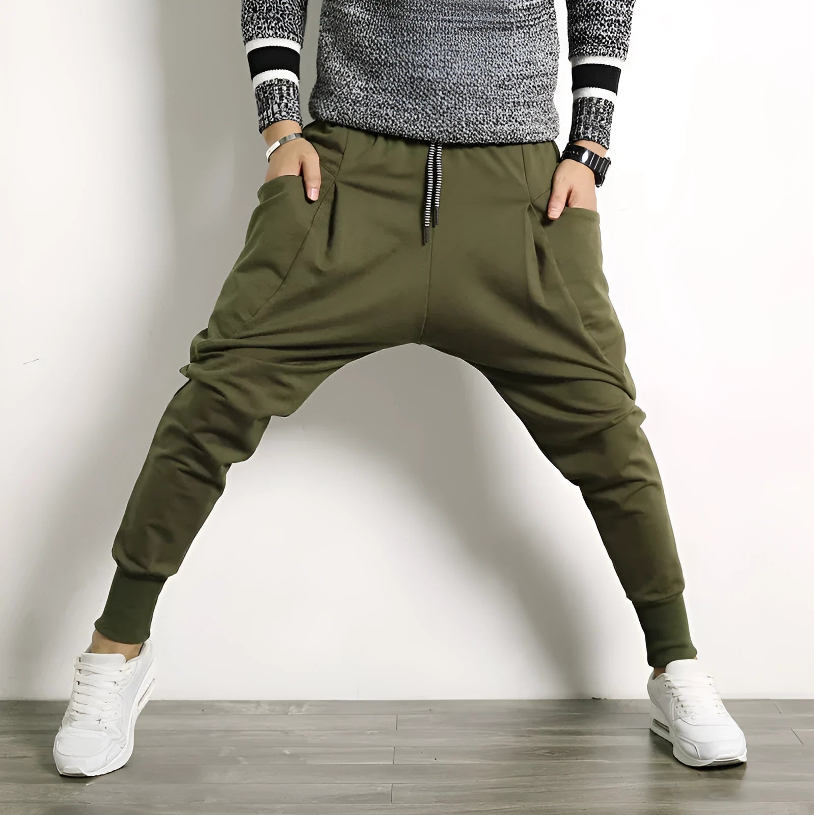 Japanese solid colour plus size harem suspender pants for men, loose fit cotton blend, black colour with belt