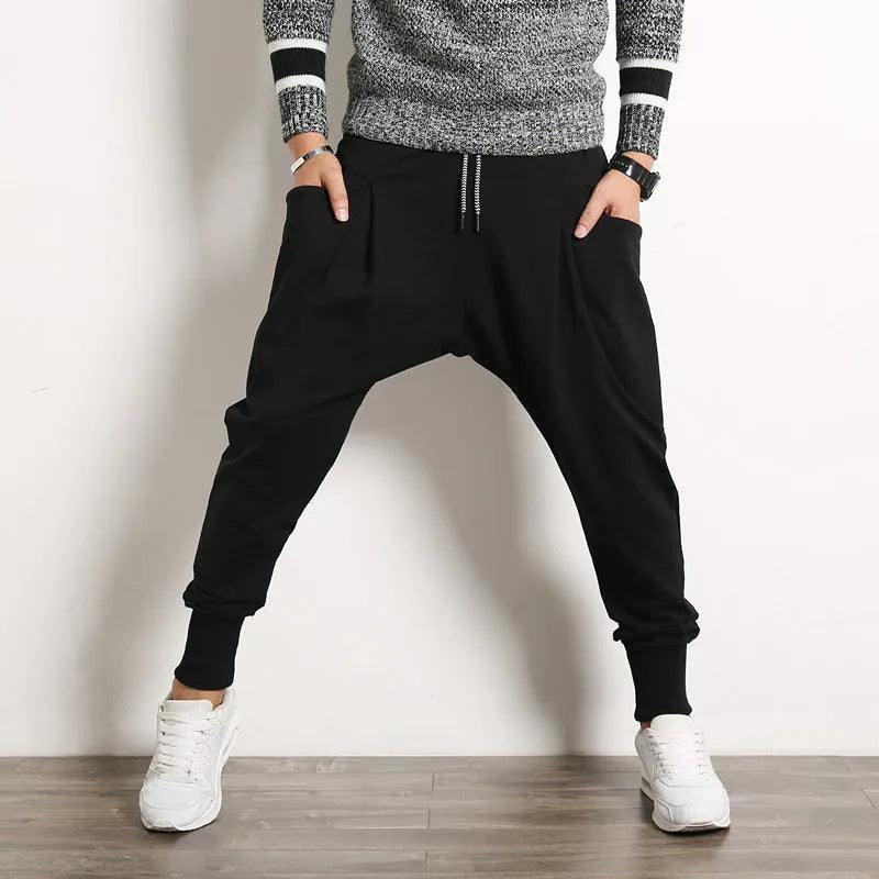 Japanese solid colour plus size harem suspender pants for men, loose fit cotton blend, black colour with belt