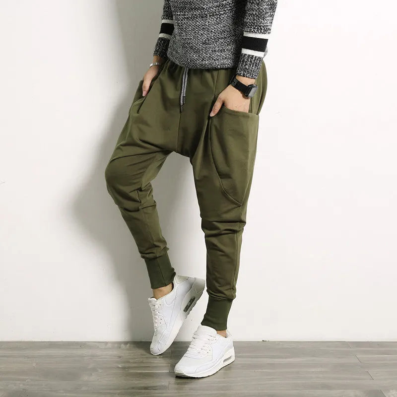 Japanese solid colour plus size harem suspender pants for men, loose fit cotton blend, black colour with belt