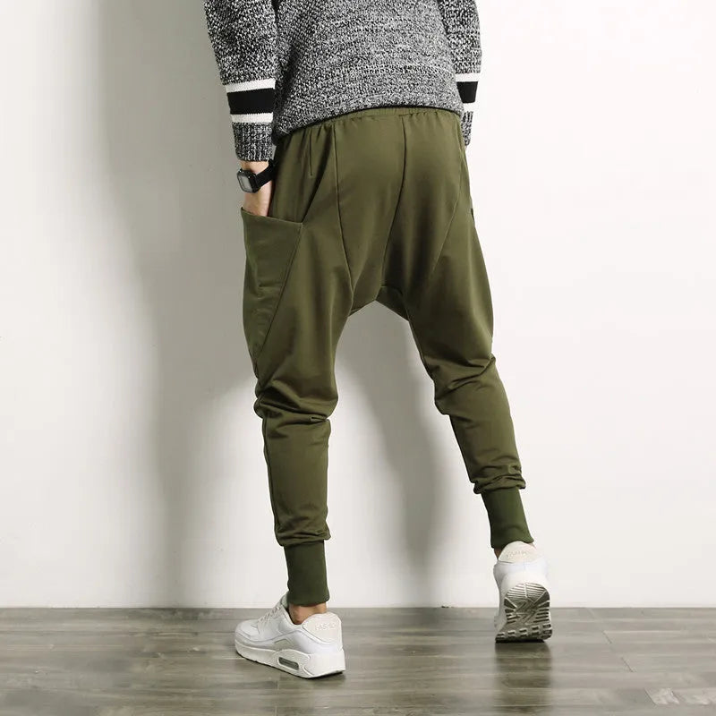 Japanese solid colour plus size harem suspender pants for men, loose fit cotton blend, black colour with belt
