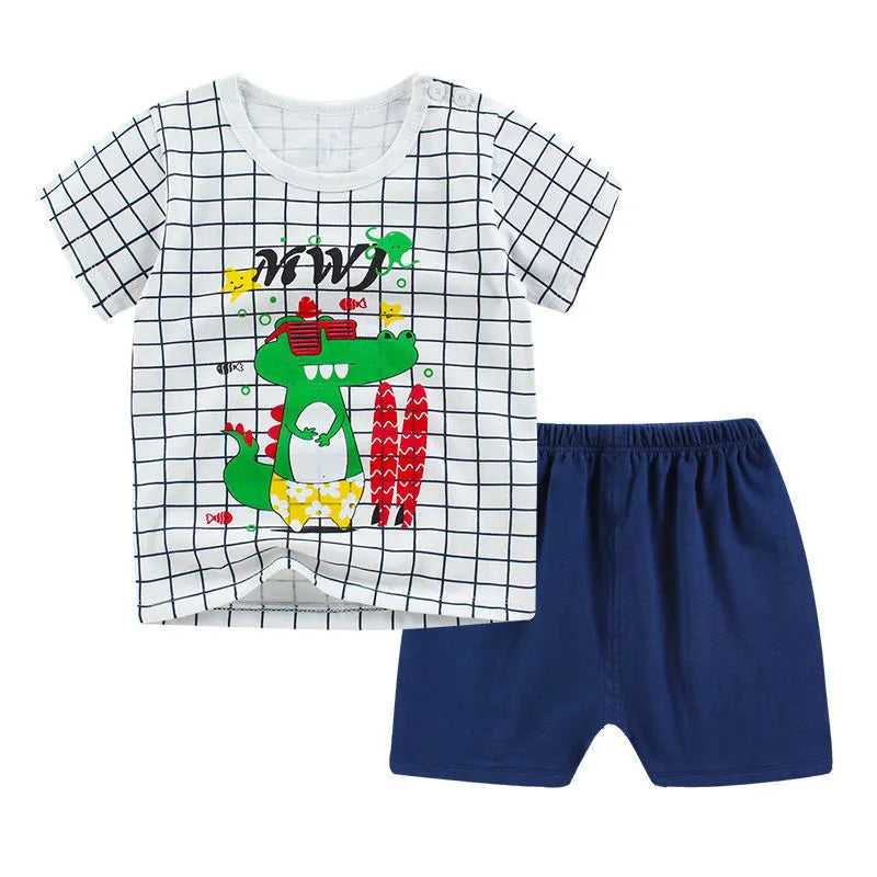 Children's cotton two-piece clothing set with cartoon print T-shirt and matching shorts