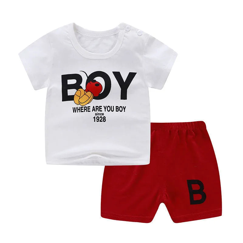 Children's cotton two-piece clothing set with cartoon print T-shirt and matching shorts