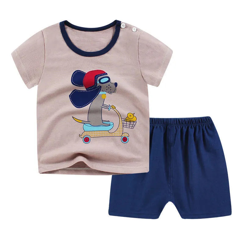 Children's cotton two-piece clothing set with cartoon print T-shirt and matching shorts