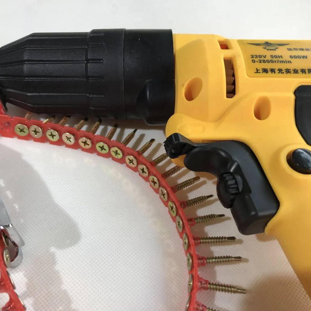Yellow rechargeable electric chain belt screw machine with automatic nail feeding for woodworking