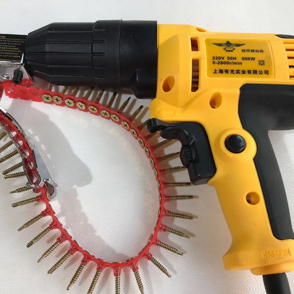 Yellow rechargeable electric chain belt screw machine with automatic nail feeding for woodworking