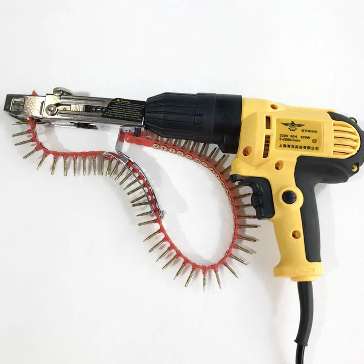 Yellow rechargeable electric chain belt screw machine with automatic nail feeding for woodworking