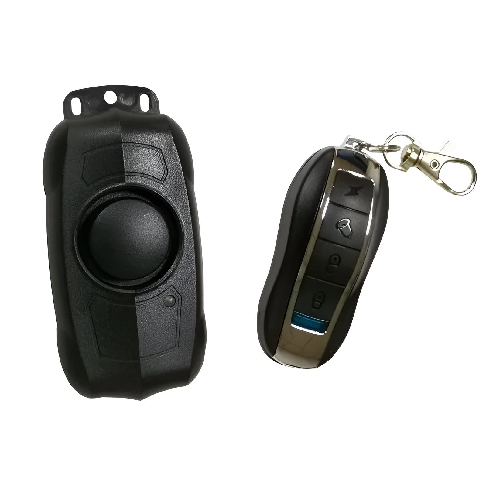 Black vibration anti-theft alarm host unit and remote control with IPX4 waterproof rating