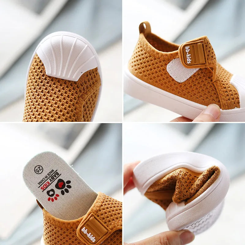 Children's striped casual sneakers with a non-slip PVC sole in yellow, shown on a size chart.