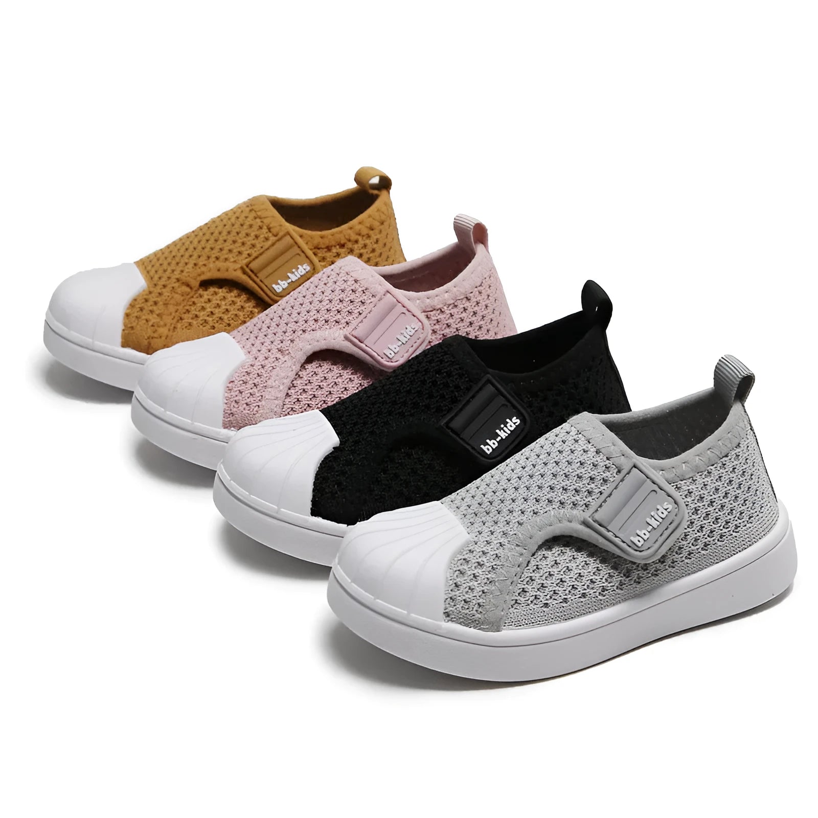 Children's striped casual sneakers with a non-slip PVC sole in yellow, shown on a size chart.
