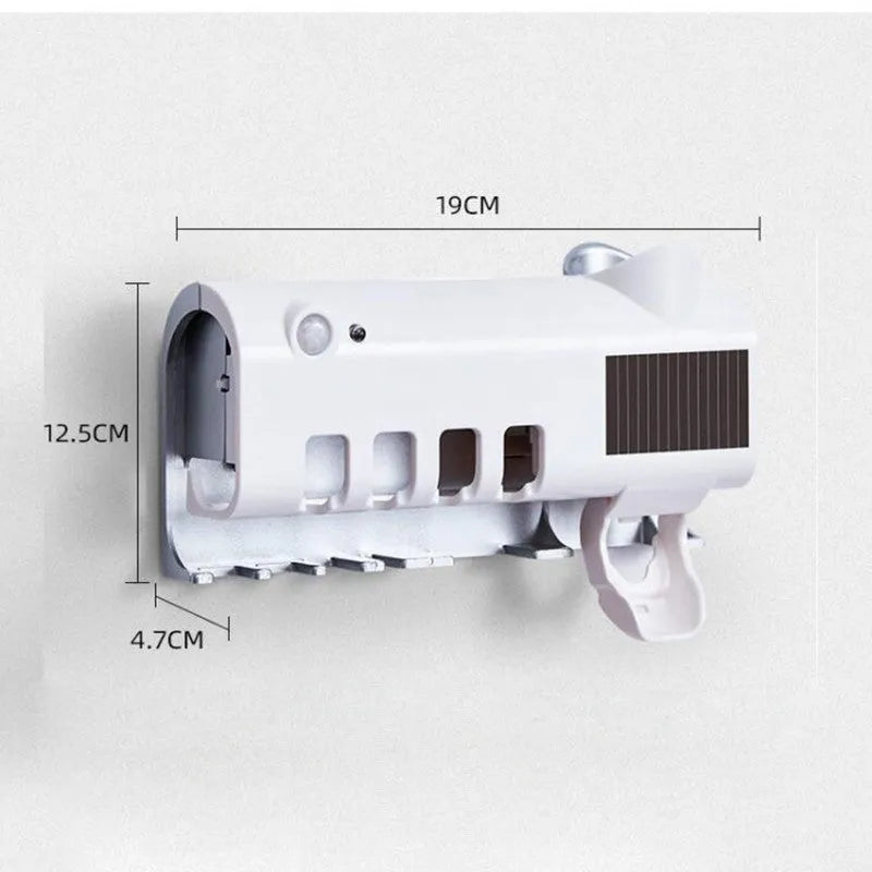 Black wall-mounted UV toothbrush steriliser with automatic toothpaste squeezer and solar panel