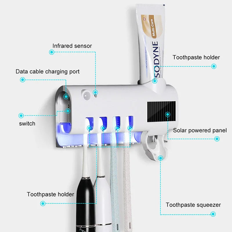 Black wall-mounted UV toothbrush steriliser with automatic toothpaste squeezer and solar panel