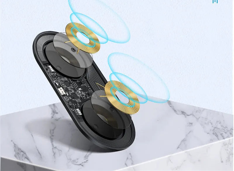 Baseus black wireless charging pad with phone on top and AirPods case in vertical slot