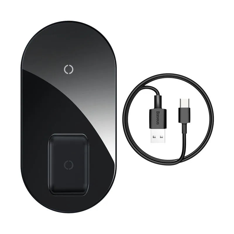 Baseus black wireless charging pad with phone on top and AirPods case in vertical slot