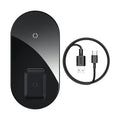 Baseus black wireless charging pad with phone on top and AirPods case in vertical slot